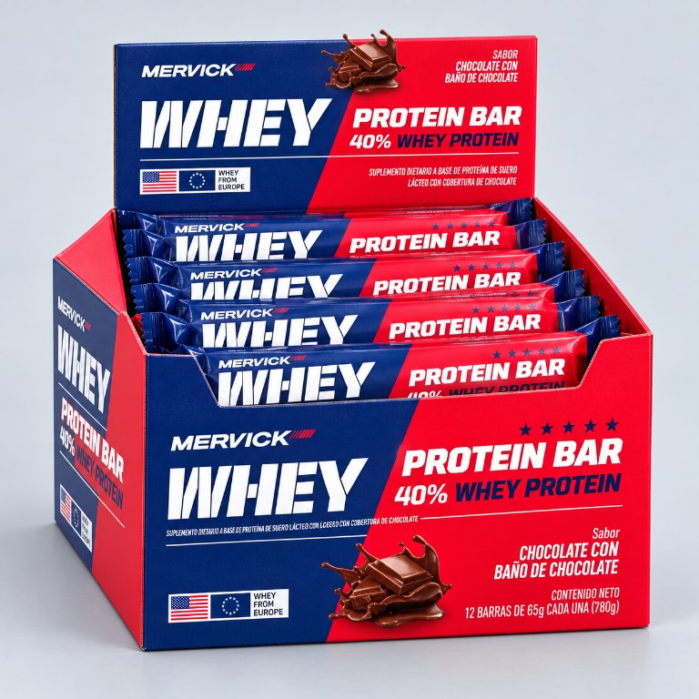 Caja Mervick Whey Protein Bar chocolate con doce barras de 65 g