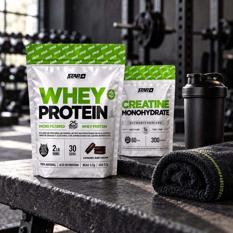 Proteína y creatina junto a un shaker y una toalla en un entorno de entrenamiento
