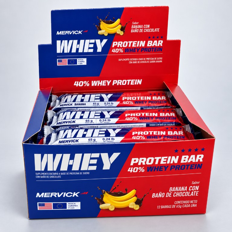 Caja Mervick Whey Protein Bar banana con doce barras de 65 g