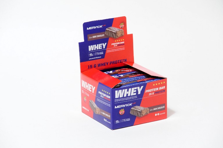 Caja Mervick Whey Protein Bar Dark Chocolate con doce barras de 46 g