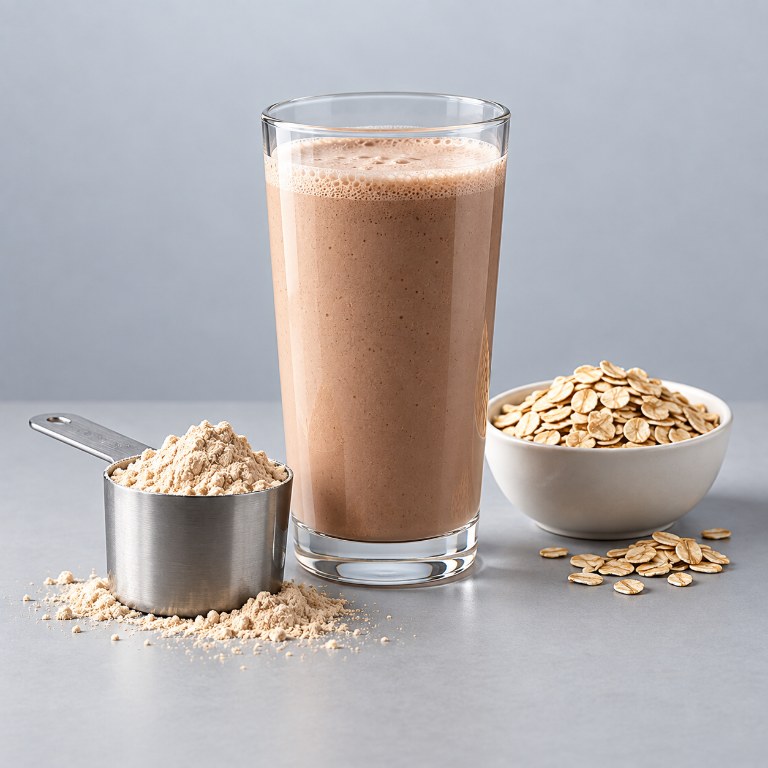 Batido proteico, polvo y avena sobre fondo gris