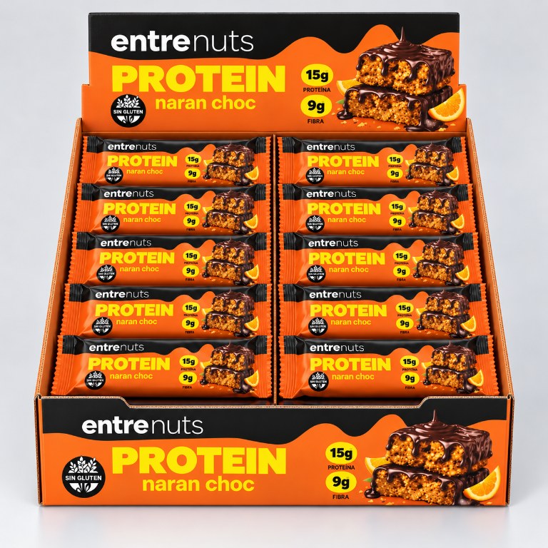 Caja de diez barras Entrenuts Chocolate de 45 g, adaptación del envase de referencia